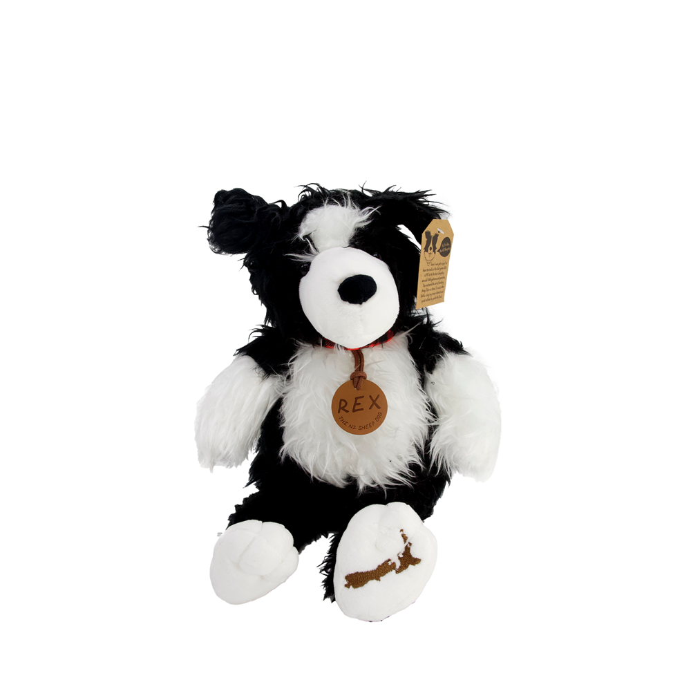 Plush toy dog with a tag labeled 'Rex' on a white background
