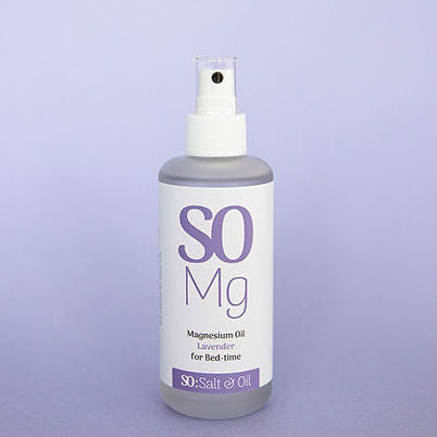 Bottle of SO Mg magnesium oil on a purple background